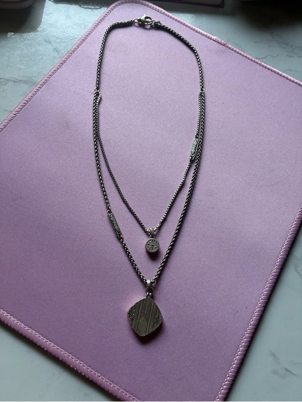 Fossil Silver-Tone Double Strand Layered Chain Necklace Charm Signed